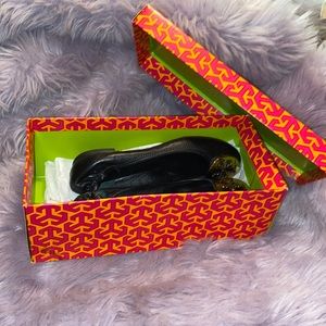 Black & Gold Tory Burch Reva Ballerina Flats, 8